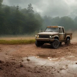 hyperrealistic shot, muddy military toy truck, monotone color palette, sharp focus, puddle reflection, tire water splash, refraction, mist on the horizon, shadowcast, detailed and intricate, cinematic composition, micro, tilt shift photography