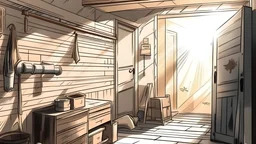 The corner of a suburban garage, sports equipment scattered about, a beam of sunlight is cast on the wall. Hand drawn illustration.