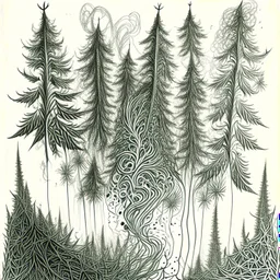 Sketch a composition where intricate smoke patterns transform into a forest of towering trees made entirely of crushed weed leaves, filling the canvas with a surreal and visually captivating asymmetrical patterns. Pencil sketch Drawing