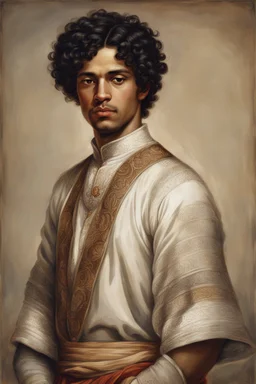 mulatto young man, with wavy short black hair and brown eyes dressed in an aristocratic tunic