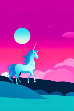 Banner, a unicorn bowing to a crown on a field of green with a blue and magenta sunset on a flag