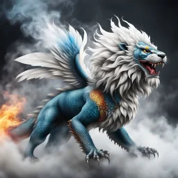 a sturdy colorful winged lion-like asian dragon with curly white fur, smokey breath and fire, claws, spikes along back, a long tail, moving forward out of the smoke and mist