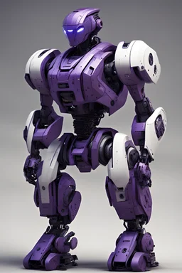 futuristic rusted dark violet with white and black accents manual labor, strong, durable AI humanoid full heavy robot with high detail and detailed markings and logos