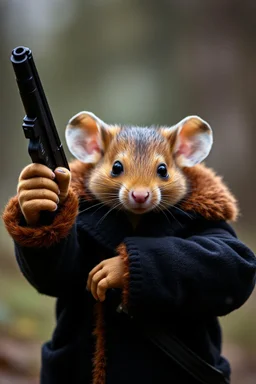 A mouse warring a black coat humanoid, dressed brown fur coat, holding a gun hands up