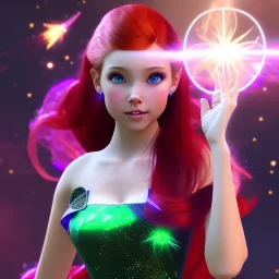 Pretty teenage girl with red hair who is dressed like a space witch casting a spell, girl has green eyes, background is realistic space renditions, wearing a black egirl dress, full body portrait, arm colors gradient effect into stars, rendered, unity 3d, unreal engine, dslr, hdr, 4k, edited, photorealistic, normal number of appendages