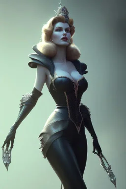 Rita Hayworth as evil queen in black leather, busty, cleavage, curvy, angry, stern look. character design by cory loftis, fenghua zhong, ryohei hase, ismail inceoglu and ruan jia. unreal engine 5, artistic lighting, highly detailed, photorealistic, fantasy