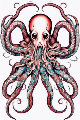 Create a captivating modern 2d colorfull ink tattoo design for print , prestigious (Japanese Octopus) using the elegant influences of japan art style, for print, dynamic elements from fashion and design, and bold Japanese contemporary art aesthetics, framing centered in the center, distanced from the edges of the paper perimeter, perfect anatomy, bauhaus, Divine Proportion,