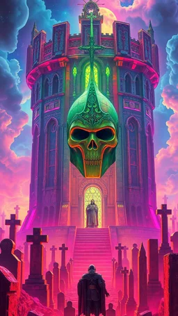 Epic portrait of paladin in tower cemetery in the style of Giger and Escher in Transparent Psychedelic Fluorescent Colors looking like a Record Cover