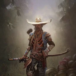 Insanely detailed photograph of an “ a mustachioed cowboy warrior "with sequenceed Sombrero, handsome charo,cigar,crossbow in hand, hyperdetailed painting by Ismail Inceoglu Huang Guangjian and Dan Witz CGSociety ZBrush Central fantasy art album cover art,8K, hdr, mysterious, flickeringlights ,Stoic