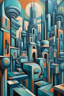 realizar una pintura de una ciudad futurista y distópica al estilo cubista de picasso