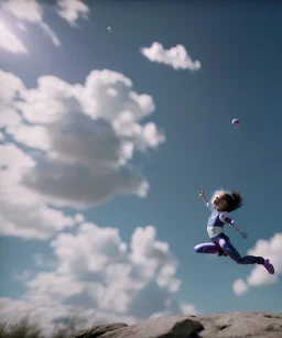 Ultra realistic clouds sky scene, wide angle, medium shot view, portrait, sweet Child, free jumping flying, trinkets, monster hair, jelly beans, balls, smile, happy, circus style, inflatable color clothing, extreme, wind, clouds sea, 20,000 feet altitude, stratosphere, soft color, highly detailed, unreal engine 5, ray tracing, RTX, lumen lighting, ultra detail, volumetric lighting, 3d, finely drawn, high definition, high resolution.