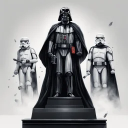 Create a captivating illustration that showcases a Darth Vader, adorned in his iconic black cape, standing triumphantly on the highest podium as the undisputed champion. Flanking him on two lower podiums are two white-clad Stormtroopers, looking sullen. Set this scene against a white background.