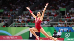 Please provide a detailed Photo of a female gymnast performing her routine on the floor exercise at the Olympic Games. Include specific elements of her performance, such as her choreography, the difficulty of her moves, her artistry, and how she engages the audience. Additionally, describe the atmosphere of the event, the reactions of the crowd, and any notable aspects of her presentation. The output should be structured in a way that captures the excitement and technical skill of the performanc