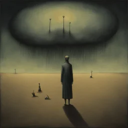 malignantly useless, depicting a fear of being alone, Style by Pawel Kuczynski and Ray Johnson and VS Gaitonde, surreal horror art, nightmarish, dynamic composition, dark color burn, based on the imagery of Zdzislaw Beksinski