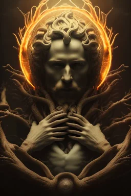 portrait photography of an ethereal beautiful animal god, Fire theme art, Dark moody night atmosphere, Portrait of a man by Michelangelo, 8K, close-up face, anatomically perfect face, oak tree roots, ignore NSFW