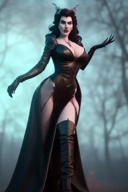 Amy Dumas as evil queen in black leather gown, evil, busty, cleavage, curvy, angry, stern look. character design by cory loftis, fenghua zhong, ryohei hase, ismail inceoglu and ruan jia. unreal engine 5, artistic lighting, highly detailed, photorealistic, fantasy