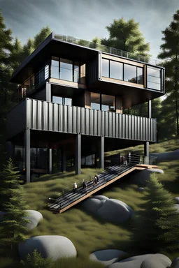 Medium-sized modern house made from shipping containers, on a hill overlooking the woods, photorealistic