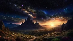 galaxy, space, ethereal space, cosmos, panorama Background: An otherworldly planet, bathed in the cold glow of distant stars. The landscape is desolate and dark, with jagged mountain peaks rising from the frozen ground. The sky is filled with swirling alien constellations, adding an air of mystery and intrigue. Old castle of london, detailed , enhanced, cinematic, 4k,by van gogh