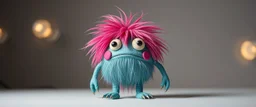 close up portrait of hairy fluffy polymer clay cute happy worried monster with long sleek limbs and with studio lights