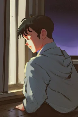 a depressed boy looking at the moon at night sitting on his window