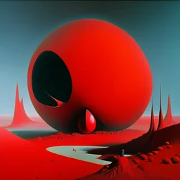 Odd open space, metaphysical, giant red object, very detailed, person, Yves Tanguy