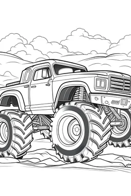 a cute monster truck on off road, outline art, coloring pages with white background, clear illustration, simple design for kids to color