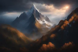 a snow-covered lonely steep massiv mountain reaching into the clouds. On top of the mountain is a needle thin tower. fantasy concept art, exquisite realism, a masterpiece, dynamic lighting, hyper detailed, intricately detailed, deep color, Unreal Engine, volumetric lighting , Epic cinematic brilliant stunning intricate meticulously detailed dramatic atmospheric maximal,