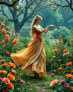 Beautiful Princess dancing in Wild garden, flower beds, fractal ornamentation, over detailed, gloriously full and confusing, nothing that really exists, everything made up, fantasy world, sweet briar, photography graphic art, song birds, ochre rose, rose buds, dewy morning, forest of oaks,