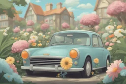 världens finaste lilla bil med blommor på bilen, tecknad stil