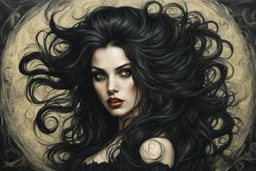 create a disturbing oil painting of a dark haired, savage, gothpunk vampire girl with highly detailed , sharply defined hair and facial features set against a swirling chaotic background, in the style of Leonardo da Vinci