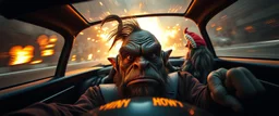 weird perspective worried human race car driver close up portrait of dj ogre skunk troll gnome pilot looking down on cam, with background in the style of escher and giger, a chill contrapunctus fugue in the style of fsol, beethoven, goa trance breaks, dancefloor drum and bass, burning cars, fire and explosions