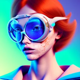 redhead woman teenager, freckles, big butterfly glasses, padded coat, retro futuristic, latex dress, gradient color, BLUE, PINK, CYAN, neon, insanely detailed, 16k resolution, perfect eyes, cinematic smooth, intricate detail