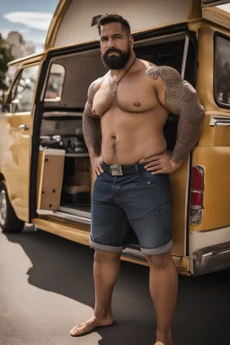 half figure photography of a 39 year old beefy burly latino , shirtless, bulging shorts, leaning with his to his van, hands on the fap, big shoulders, hairy chest, tattoo, very virile, short beard, short hair, side light, in a sunny street, photorealistic