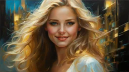 In Casey Baugh's evocative style, art of a beautiful young smiling blonde girl with long brown hair, futuristic, scifi, intricate, elegant, highly detailed, majestic, Baugh's brushwork infuses the painting with a unique combination of realism and abstraction, greg rutkowski, surreal gold filigree, broken glass, (masterpiece, sidelighting, finely detailed beautiful eyes: 1.2), hdr, realistic painting,