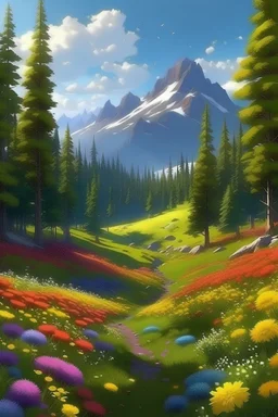 Crea un paisaje realista de bosque de coníferas, con flores coloridas en estación de verano, protegido de los turistas e inhabitado, donde se puede visualizar a lo lejos un cordón montañoso
