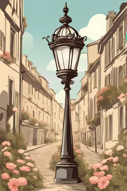 Generate a French street lamp with flowers, vector graphics