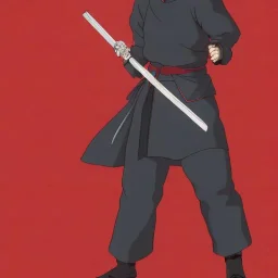 blond ninja man with katana in black suit