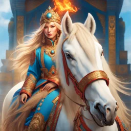 (masterpiece, best quality, 8k, RAW photo, beautiful and aesthetic:1.2), complex detail, Indirect light, photorealistic, (((full body))), 2 Gorgeous Cosmic russian asian goddess smiling, long curved blonde hair, blue eyes, Mixed, sci-fi and traditional russian outfit with white furs and chapka, on a horse of fire companion, a colorfull Sci-Fi environment