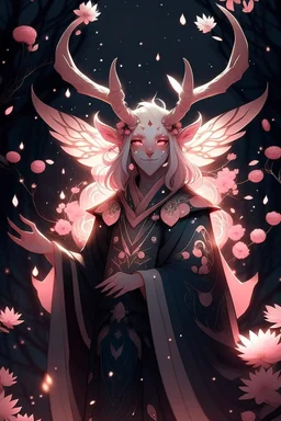 Pink hair spring cherry blossom Eladrin Male antlers blossom filled beard druid of the stars moth wings