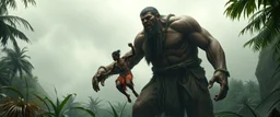 we see an enourmous giant man with ancient clothing. storm giant in wet jungle, lifting a terrified native man