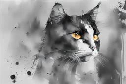 Portrait d'un chat, aquarelle noire et blanc, style art figuratif abstrait.