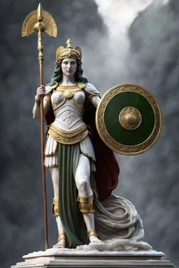 highly detailed marble and jade roman statue on a plint of a 18 year old goddess of love and war in plate mail and carrying a spear and holding a round shield in front of her. full body shot, invisible gloves, , volumetric fog, Hyperrealism, breathtaking, ultra realistic, unreal engine, ultra detailed, cyber background, Hyperrealism, cinematic lighting, highly detailed, breathtaking, stunning temple environment