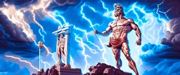 Detailed and realistic illustration of Greek god Zeus holding lightning in front of him Vintage style illustration. Red lightning. Ultra high resolution, realism, muscular, low fat percentage, blue clouds in the background, statue like, temple on the background, mount olympus on the background, lightning stricking on the background.