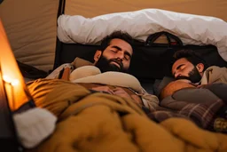 close up photography of two men ugly liying down sleeping in the night inside a camping tent, bearded ugly burly 30-year-old rough beefy bullneck arab tourist guides wearing traditional clothes, bulge, manly chest, photorealistic, midnight, lit by bonfire, ambient occlusion, top view, in the desert