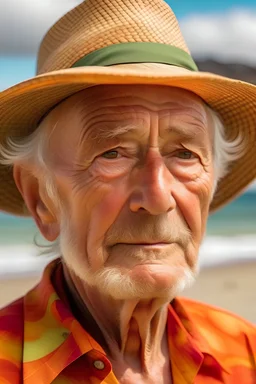 Hombre de 70 años de ojos verdes, con sombrero de paja, en las playas de hawaii, paleta de colores calidos.