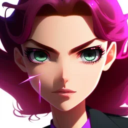 crystal clear blue eyes, and dark pink hair, dot eyebrows, woman, angry expression, pointy ears, long hair