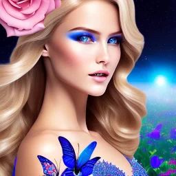 Full body Princess, sexy woman blondie, make up, beautiful smiling face,blue eyes, beautiful place,amazing, flowers, colors, blue and pink butterfly, realistic, photo real, stars night, detailed, high contrast, 8k high definition, unreal engine 5, extremely sharp detail, light effect, light background