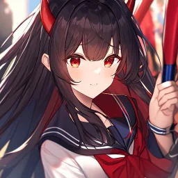 Clear focus,High resolution, Black long hair, Red eyes, Red horns, Wearing a black and red sailor uniform, Swinging a baseball bat