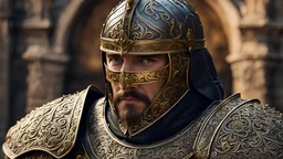 (masterpiece:1.2), portrait of a medieval knight, intricate details, natural skin details, cinematic photography, angry,( ornamental filigree design over armor:1.4), engraving, very detailed armor, rusty, absurdres, jehovatis witnesses, golden hours