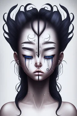 Crying girl, sad, expressive, emotive, frowning, furrowed eyebrows, pouting lips, dark blue skin, white long flowing hair